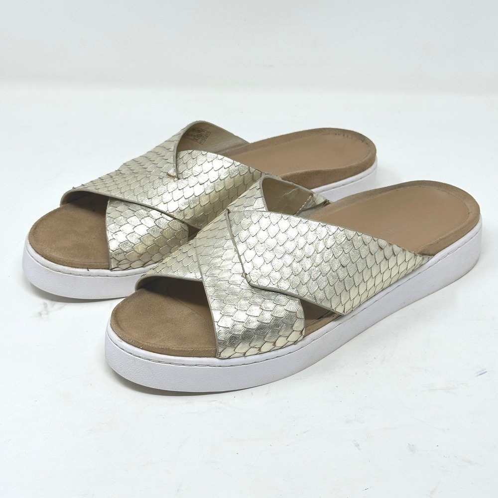 Vionic Lou Metallic Gold Snakeskin Scale Crisscross Platform Slide Sandals Sz 9